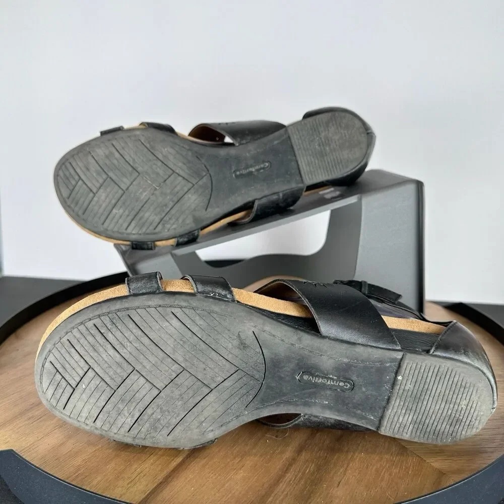 Comfortiva Womens Black Leather Ankle Strap 9M Comfort Sandal Sun Boho Y2K